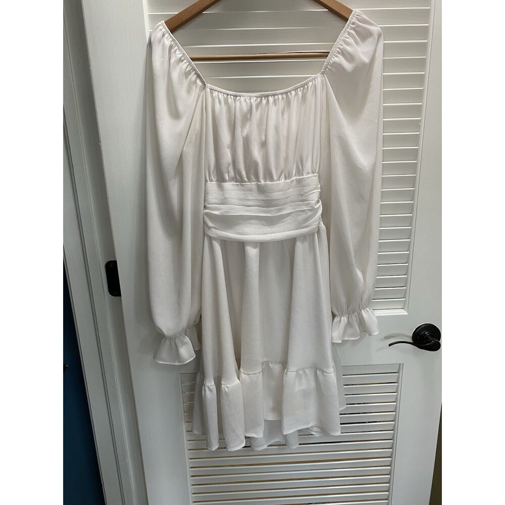 Exlura White Tie-Back Long Sleeve Mini Dress - Cottagecore Romantic